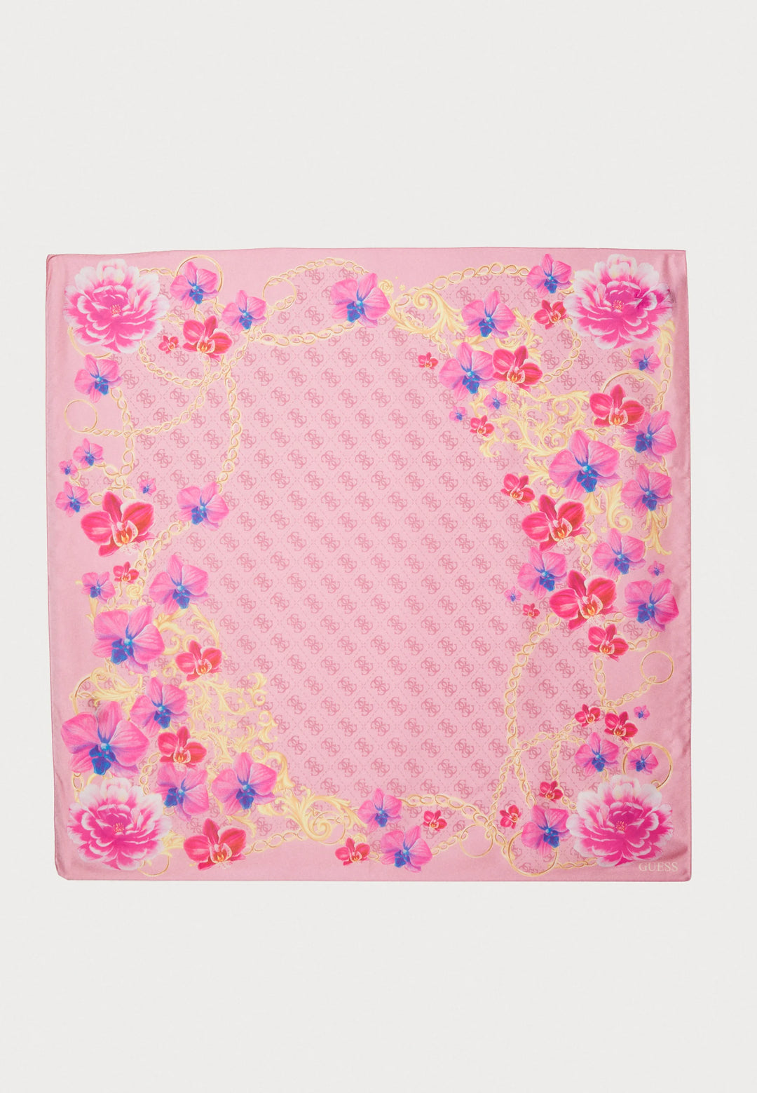 GUESS - GUESS Pink Floral & Chain Print Monogram Scarf - جيس - وشاح جيس بنقشة الزهور الوردية والسلسلة المونوغرام