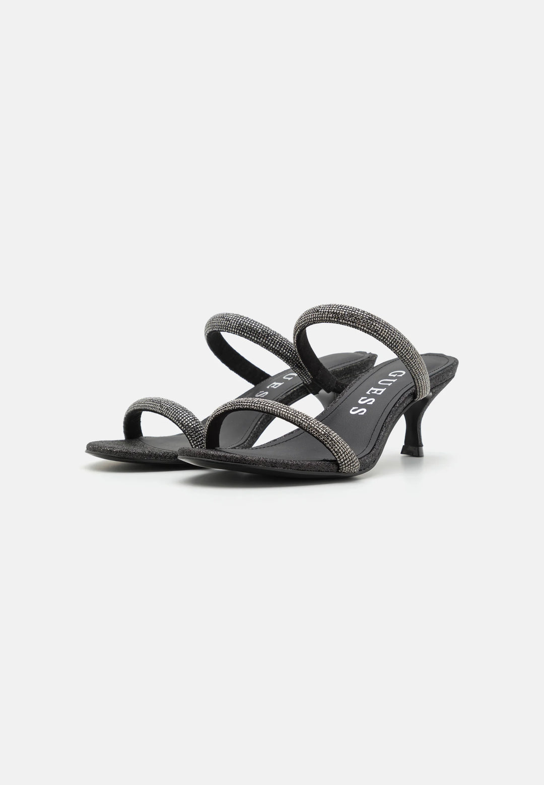 Guess - Black Glitter Rhinestone Two-Strap Kitten Heel Sandals - جيس - صندل أسود بكعب صغير مزين باللمع وحجر الراين بحزامين