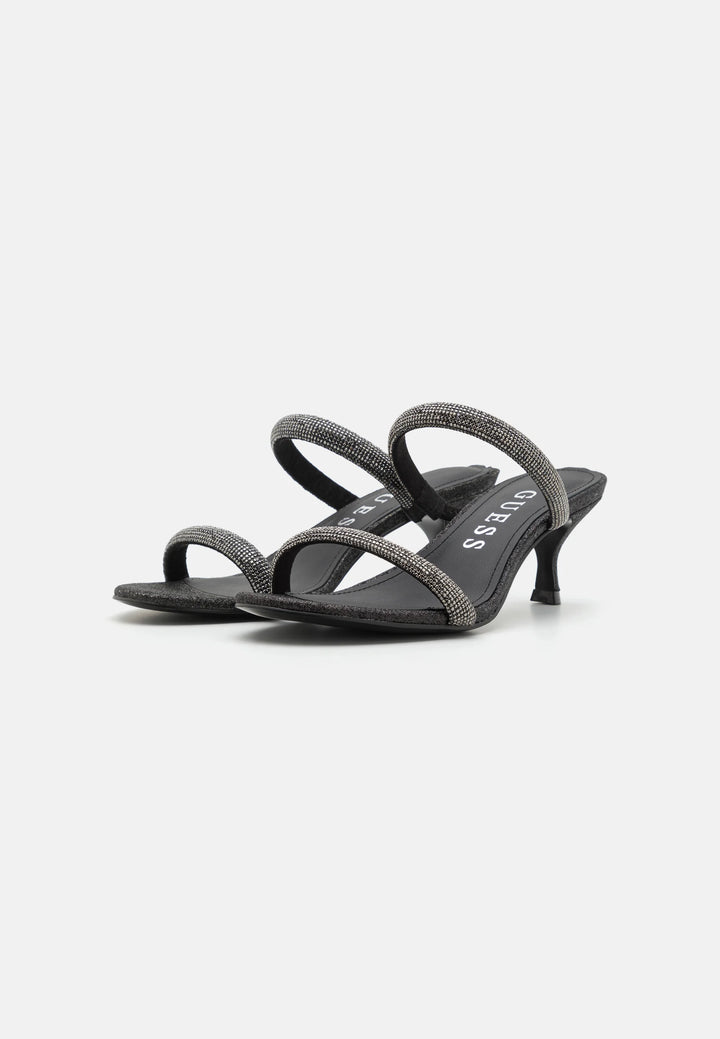Guess - Black Glitter Rhinestone Two-Strap Kitten Heel Sandals - جيس - صندل أسود بكعب صغير مزين باللمع وحجر الراين بحزامين