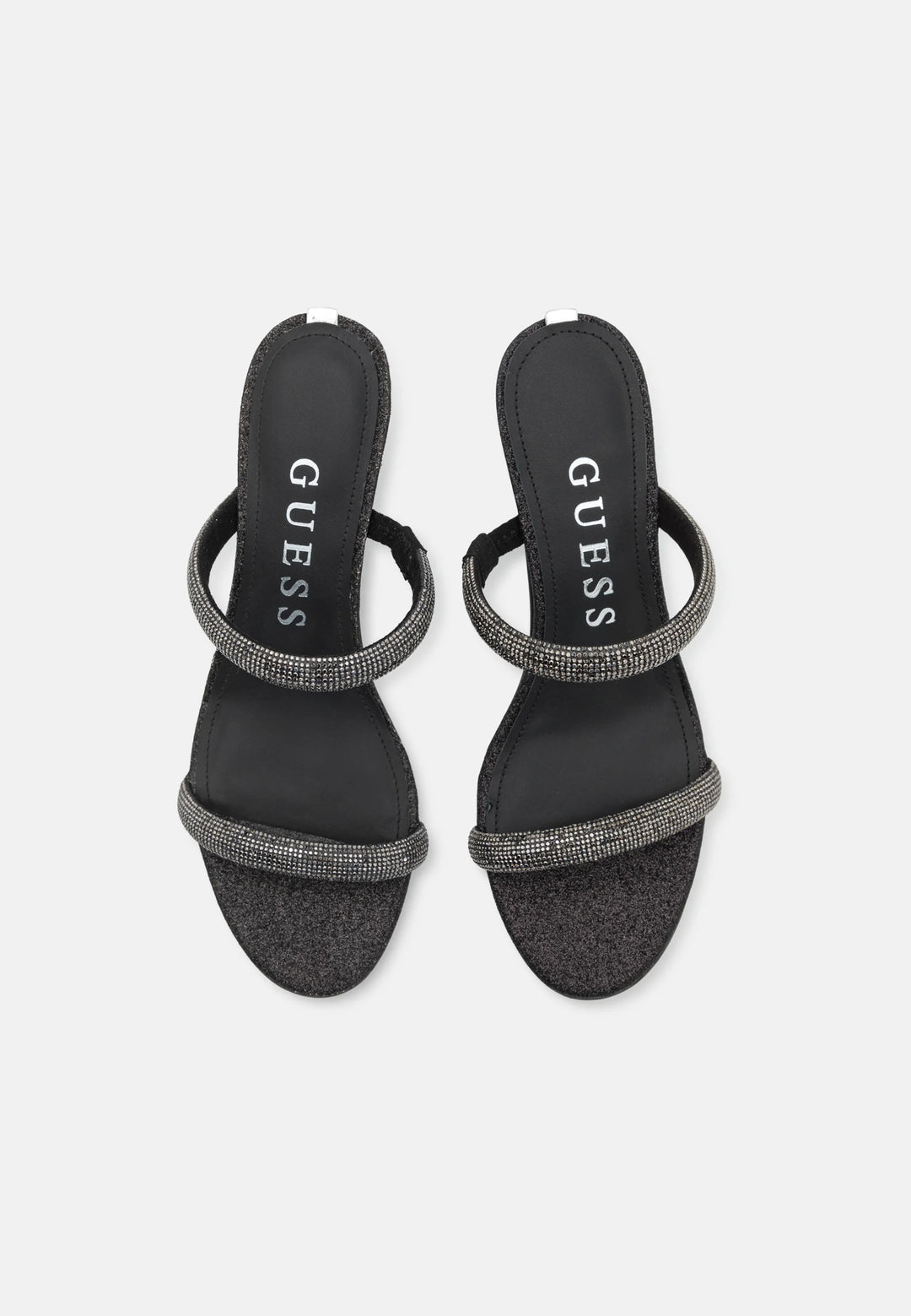 Guess - Black Glitter Rhinestone Two-Strap Kitten Heel Sandals - جيس - صندل أسود بكعب صغير مزين باللمع وحجر الراين بحزامين