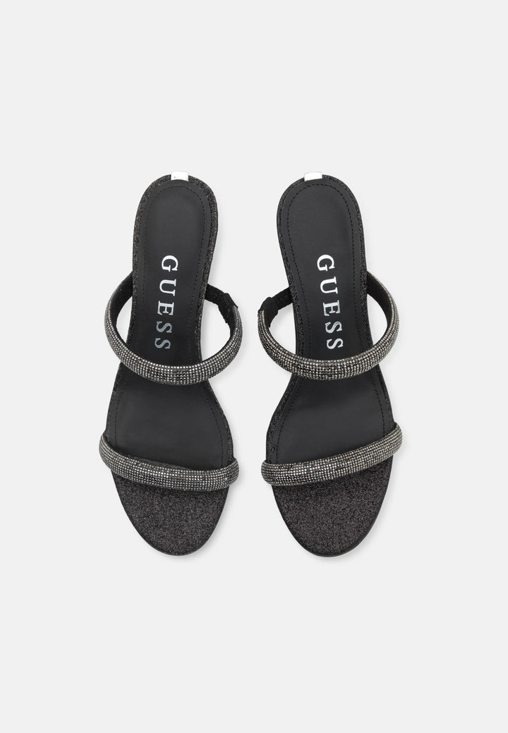 Guess - Black Glitter Rhinestone Two-Strap Kitten Heel Sandals - جيس - صندل أسود بكعب صغير مزين باللمع وحجر الراين بحزامين