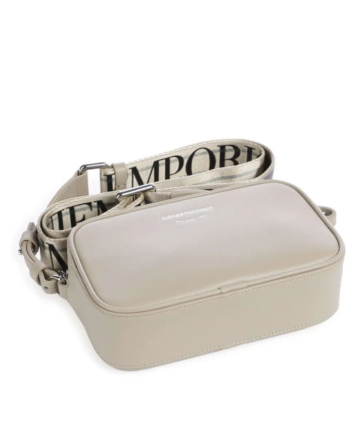 Emporio Armani - Emporio Armani Beige Leather  Camera Bag with Logo Strap - إمبوريو أرماني - حقيبة كاميرا من الجلد البيج مع حزام عليه شعار