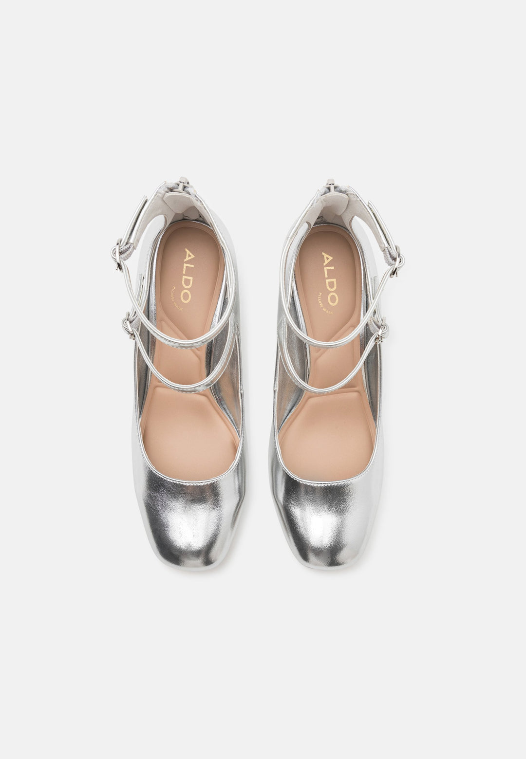 Aldo - Silver Metallic Double Strap Block Heel Pumps - ألدو - حذاء كعب عالي فضي ميتاليك بحزامين مزدوجين وكعب سميك