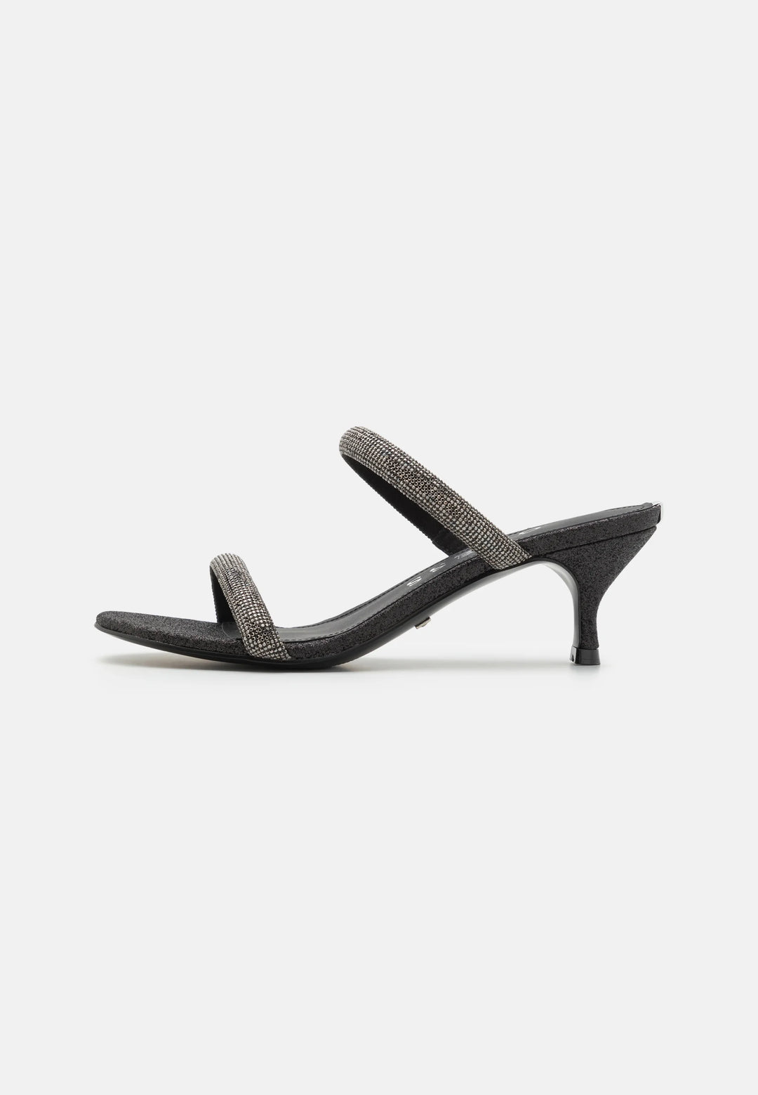 Guess - Black Glitter Rhinestone Two-Strap Kitten Heel Sandals - جيس - صندل أسود بكعب صغير مزين باللمع وحجر الراين بحزامين