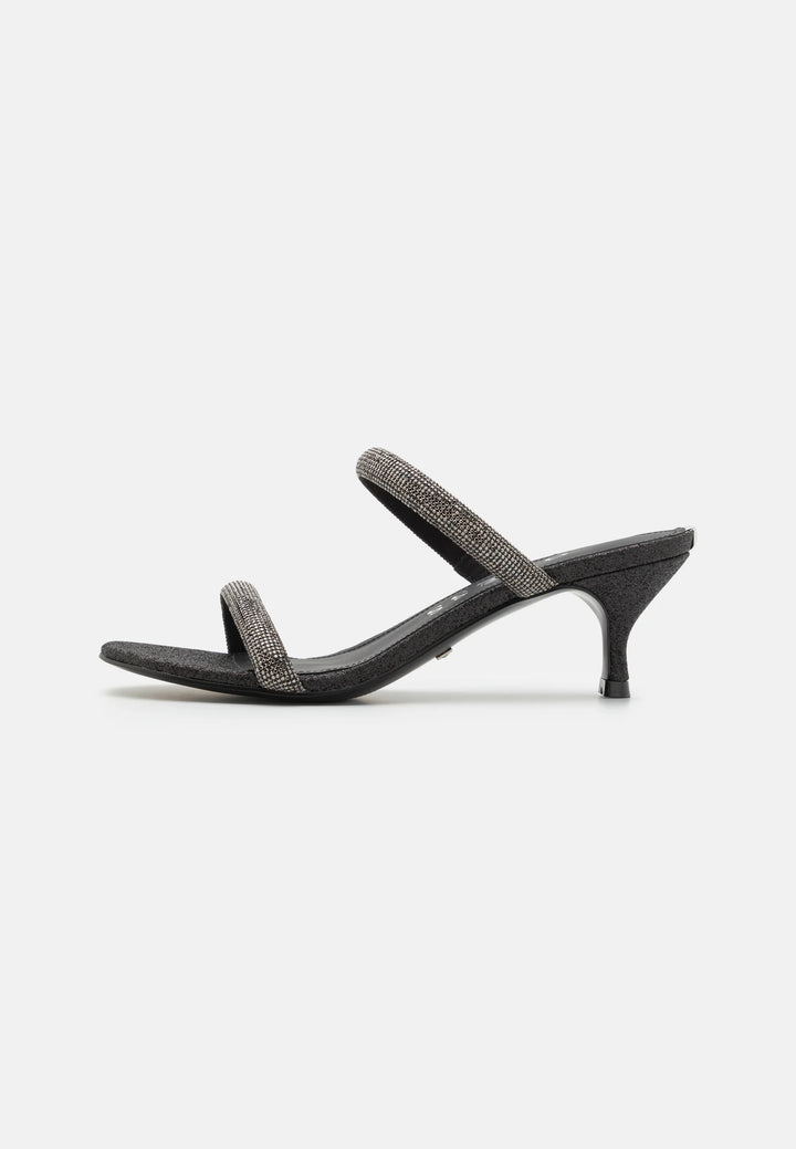Guess - Black Glitter Rhinestone Two-Strap Kitten Heel Sandals - جيس - صندل أسود بكعب صغير مزين باللمع وحجر الراين بحزامين