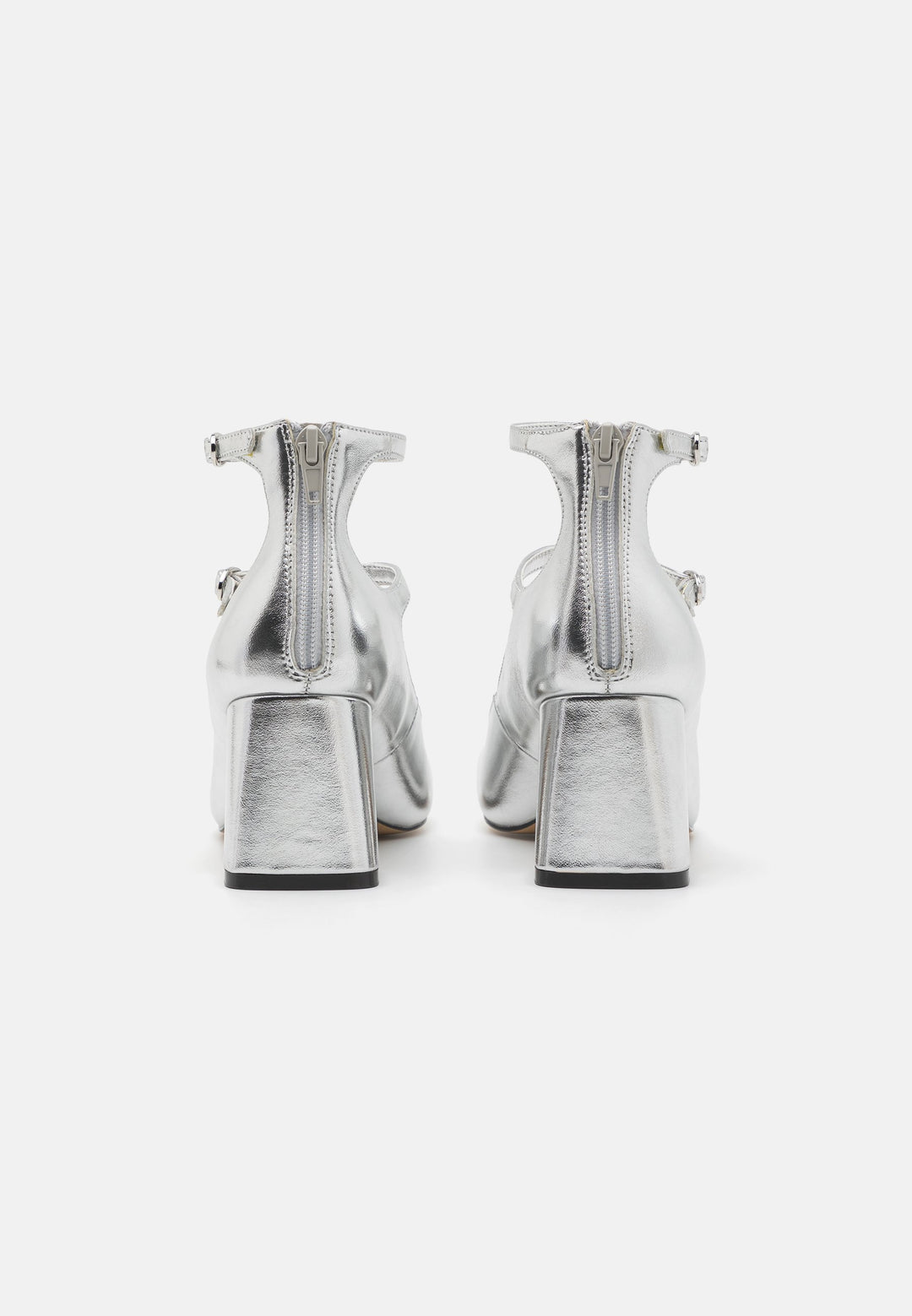 Aldo - Silver Metallic Double Strap Block Heel Pumps - ألدو - حذاء كعب عالي فضي ميتاليك بحزامين مزدوجين وكعب سميك