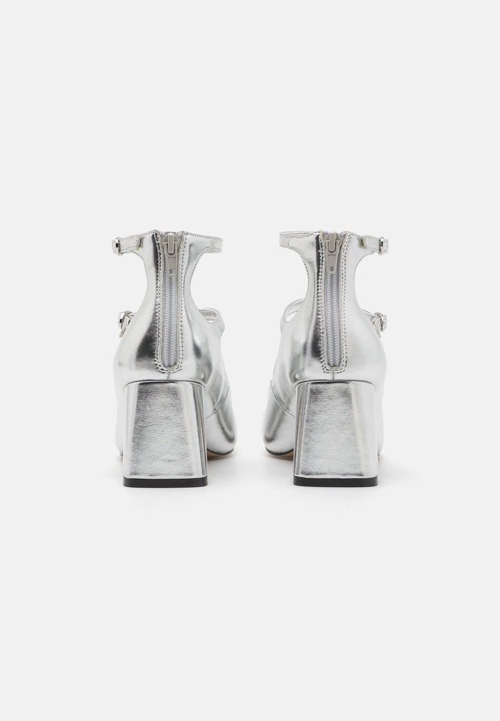 Aldo - Silver Metallic Double Strap Block Heel Pumps - ألدو - حذاء كعب عالي فضي ميتاليك بحزامين مزدوجين وكعب سميك