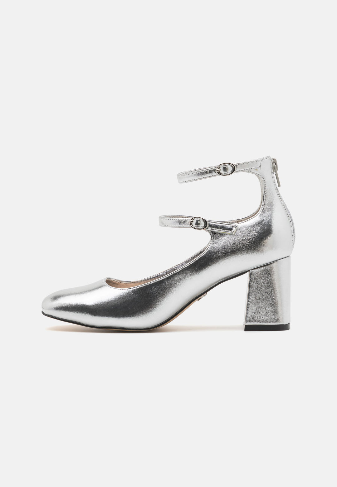 Aldo - Silver Metallic Double Strap Block Heel Pumps - ألدو - حذاء كعب عالي فضي ميتاليك بحزامين مزدوجين وكعب سميك