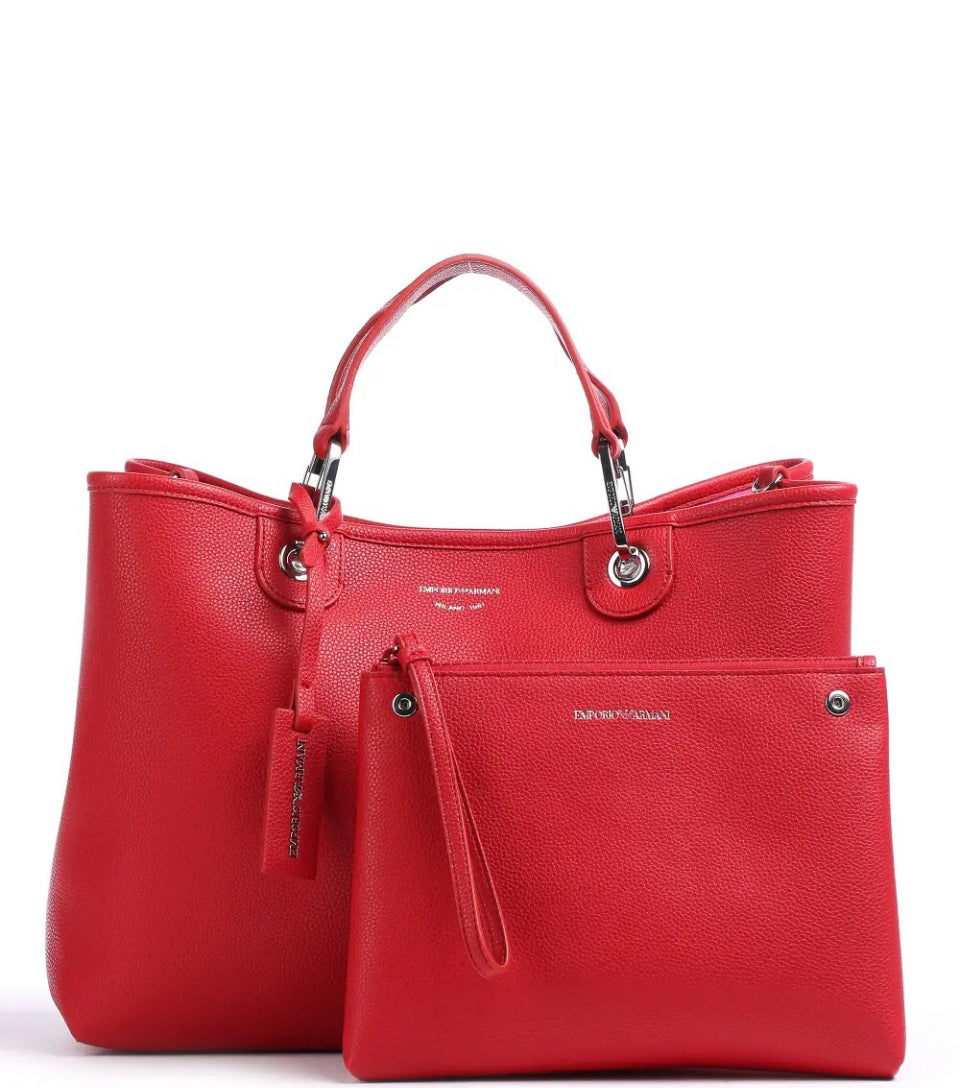 Emporio Armani: Red Textured Tote and Wristlet Set - إمبوريو أرماني: طقم حقيبة يد كبيرة (Tote) حمراء ومحفظة معصم