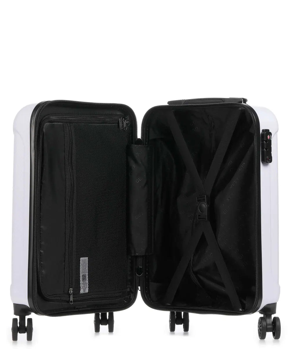 GUESS - Wilder 20-Inch 4-Wheel Hardside Spinner White Suitcase - جيس - حقيبة سفر وايلدر صلبة بعجلات دوارة مقاس 20 بوصة باللون الأبيض