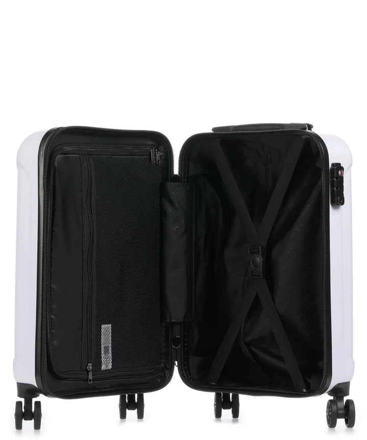 GUESS - Wilder 20-Inch 4-Wheel Hardside Spinner White Suitcase - جيس - حقيبة سفر وايلدر صلبة بعجلات دوارة مقاس 20 بوصة باللون الأبيض