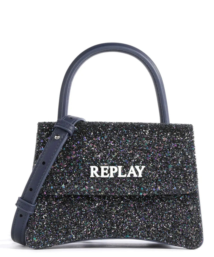 Replay Glitter Mini Top Handle Crossbody Bag Dark Blue - ريبليه حقيبة كروس بودي ميني لامعة  أزرق داكن