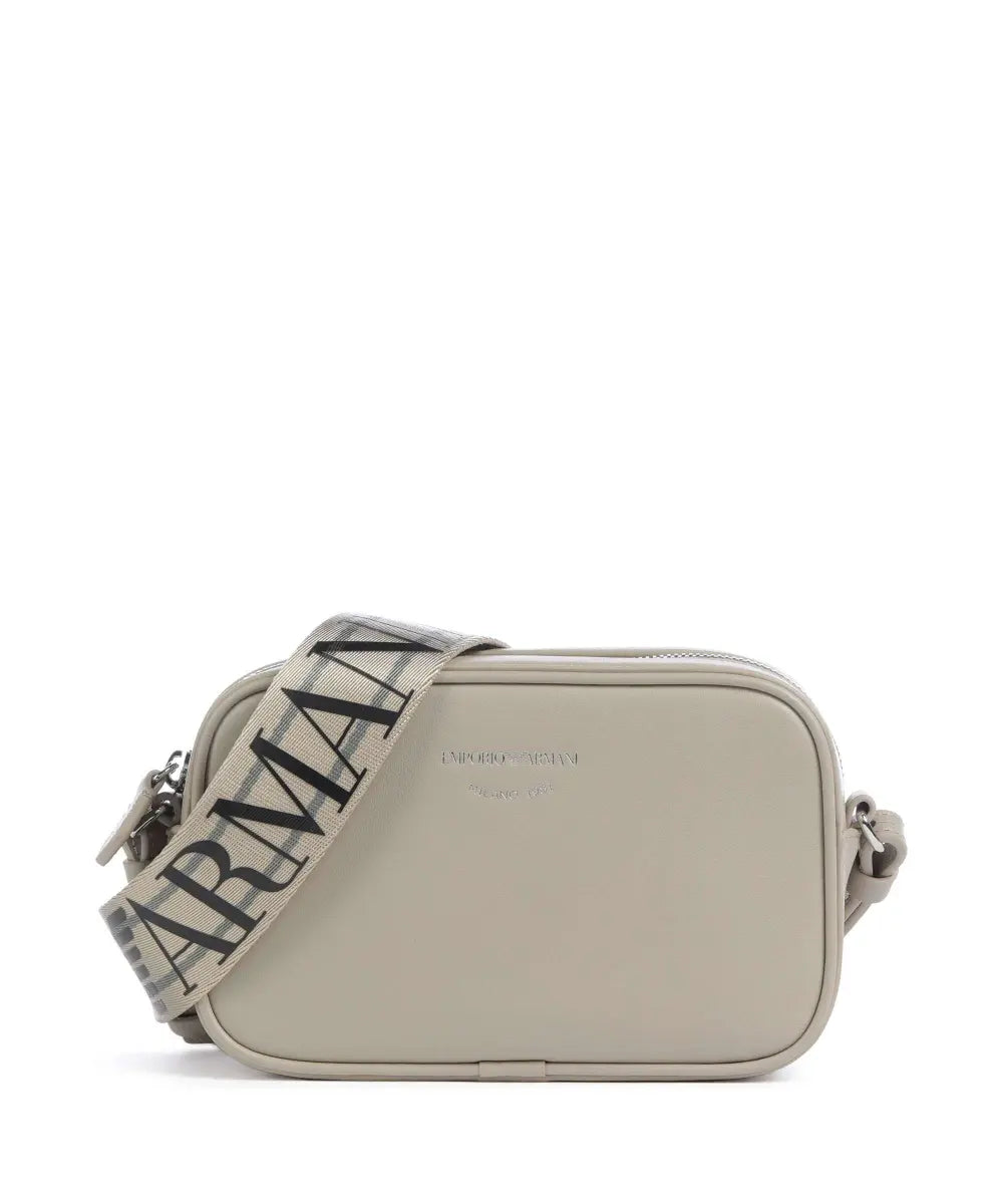Emporio Armani - Emporio Armani Beige Leather  Camera Bag with Logo Strap - إمبوريو أرماني - حقيبة كاميرا من الجلد البيج مع حزام عليه شعار