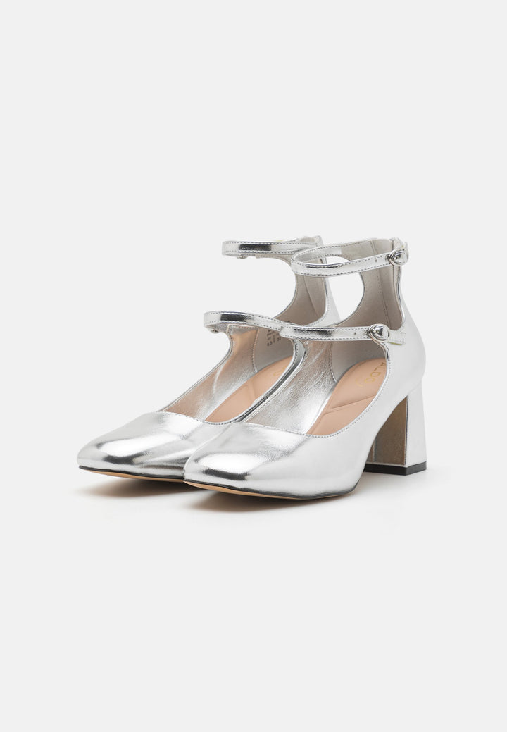 Aldo - Silver Metallic Double Strap Block Heel Pumps - ألدو - حذاء كعب عالي فضي ميتاليك بحزامين مزدوجين وكعب سميك