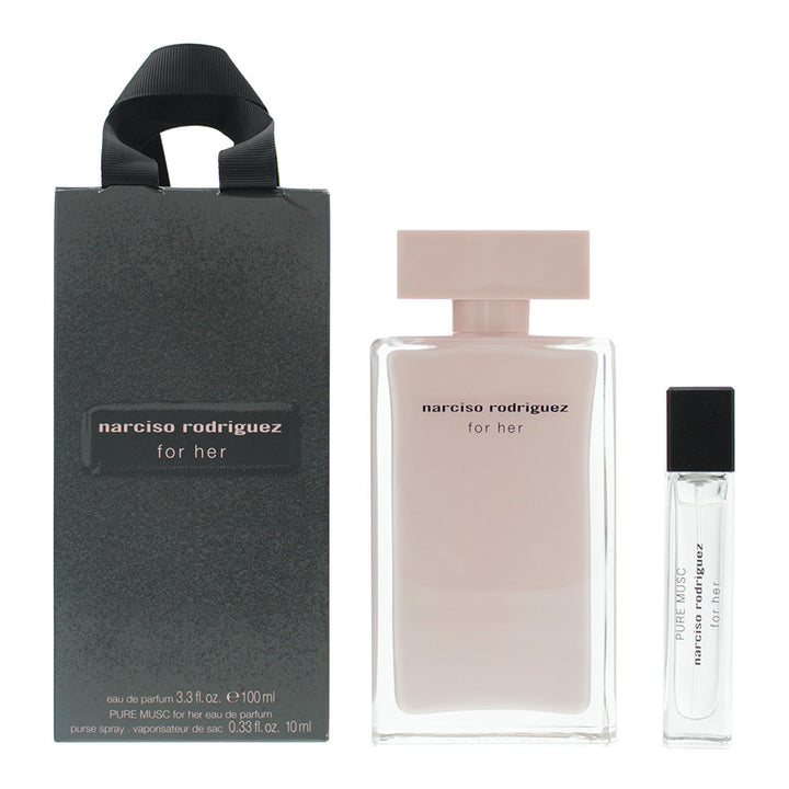 Narciso Rodriguez 2 Piece Gift Set: For Her Eau De Parfum 100ml - For Her Pure Musc Eau De Parfum 10ml - نارسيسو رودريغيز مجموعة هدايا قطعتين: عطر أو دو بارفان 100 مل لها + عطر بيور مسك أو دو بارفان 10 مل لها