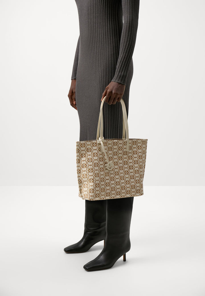 Pinko Carrie large cotton and raffia jacquard tote bag, beige/braun | حقيبة يد كبيرة (Tote) بينكو كاري من القطن والرافيا بنقش الجاكار، بيج/بني