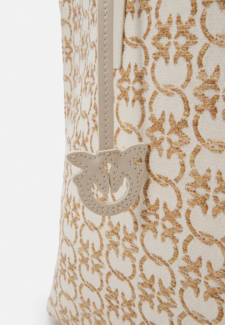 Pinko Carrie large cotton and raffia jacquard tote bag, beige/braun | حقيبة يد كبيرة (Tote) بينكو كاري من القطن والرافيا بنقش الجاكار، بيج/بني