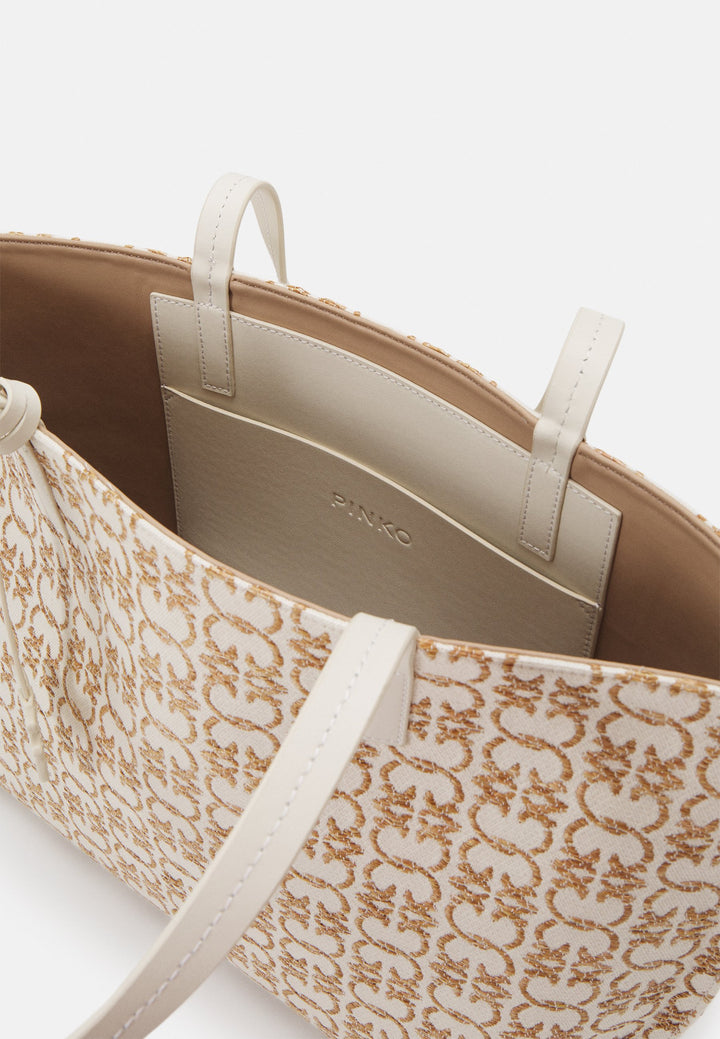 Pinko Carrie large cotton and raffia jacquard tote bag, beige/braun | حقيبة يد كبيرة (Tote) بينكو كاري من القطن والرافيا بنقش الجاكار، بيج/بني
