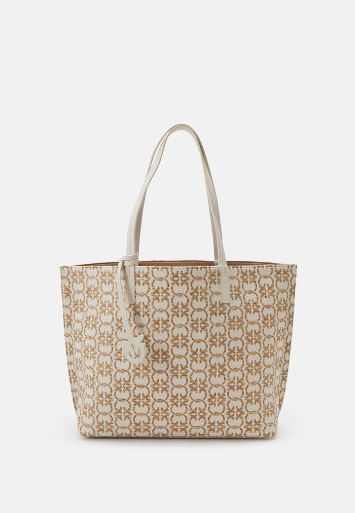 Pinko Carrie large cotton and raffia jacquard tote bag, beige/braun | حقيبة يد كبيرة (Tote) بينكو كاري من القطن والرافيا بنقش الجاكار، بيج/بني